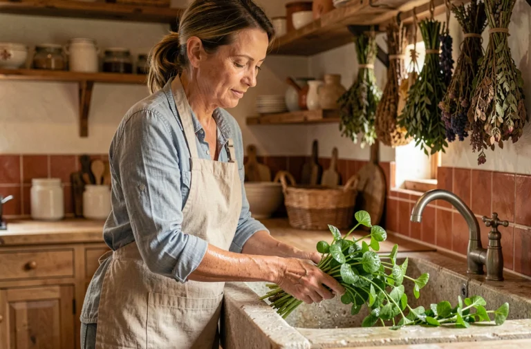Femme lavant du pourpier frais dans un évier de cuisine rustique avant congélation