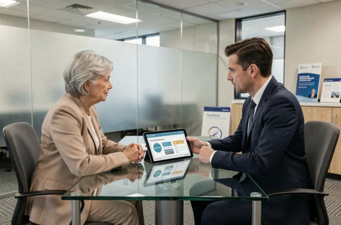 Femme retraitée en consultation avec un conseiller financier pour optimiser ses avantages retraite SG