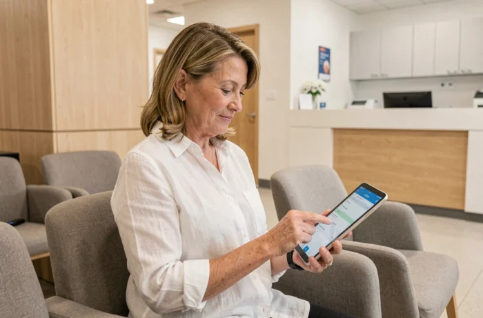 Femme dans une salle d'attente médicale consultant ses résultats d'analyses Biofutur sur tablette via Cydlab