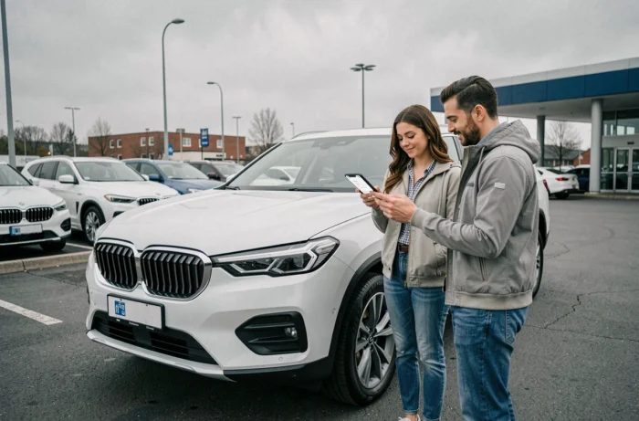 Couple inspectant un SUV neuf dans un parking de concession en comparant les offres sur smartphone