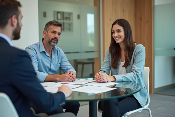 Couple en rendez-vous avec un conseiller bancaire pour renégocier les conditions de leur prêt immobilier