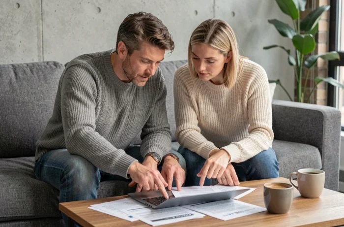 Couple consultant les démarches administratives pour un permis sur un ordinateur portable avec des documents imprimés
