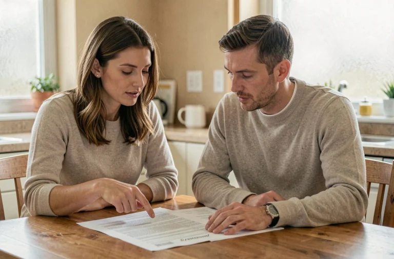 Couple examinant des documents de prêt immobilier à leur table de cuisine pour obtenir un crédit avantageux