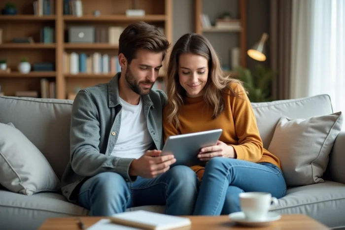 Couple étudiant les avis et conditions du crédit Flex LCL sur une tablette dans leur salon