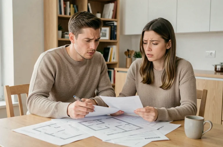 Couple de jeunes adultes étudiant des documents immobiliers à une table en bois pour leur premier achat