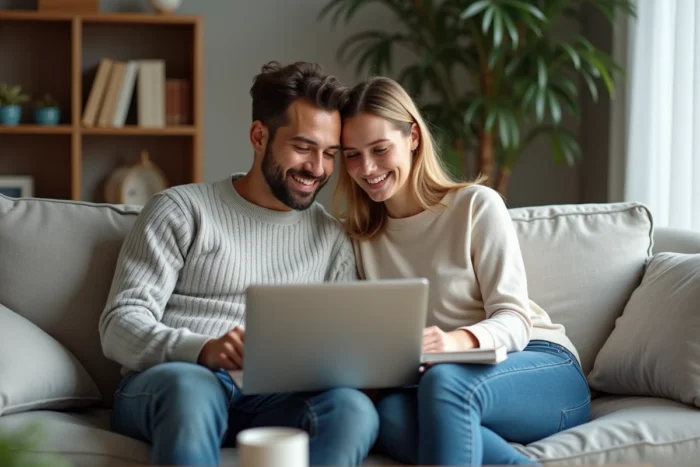 Couple gérant leurs investissements immobiliers ensemble sur un ordinateur portable dans leur salon