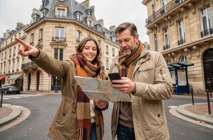 Couple cherchant leur chemin vers le centre Pia Orléans Tours dans les rues de la ville