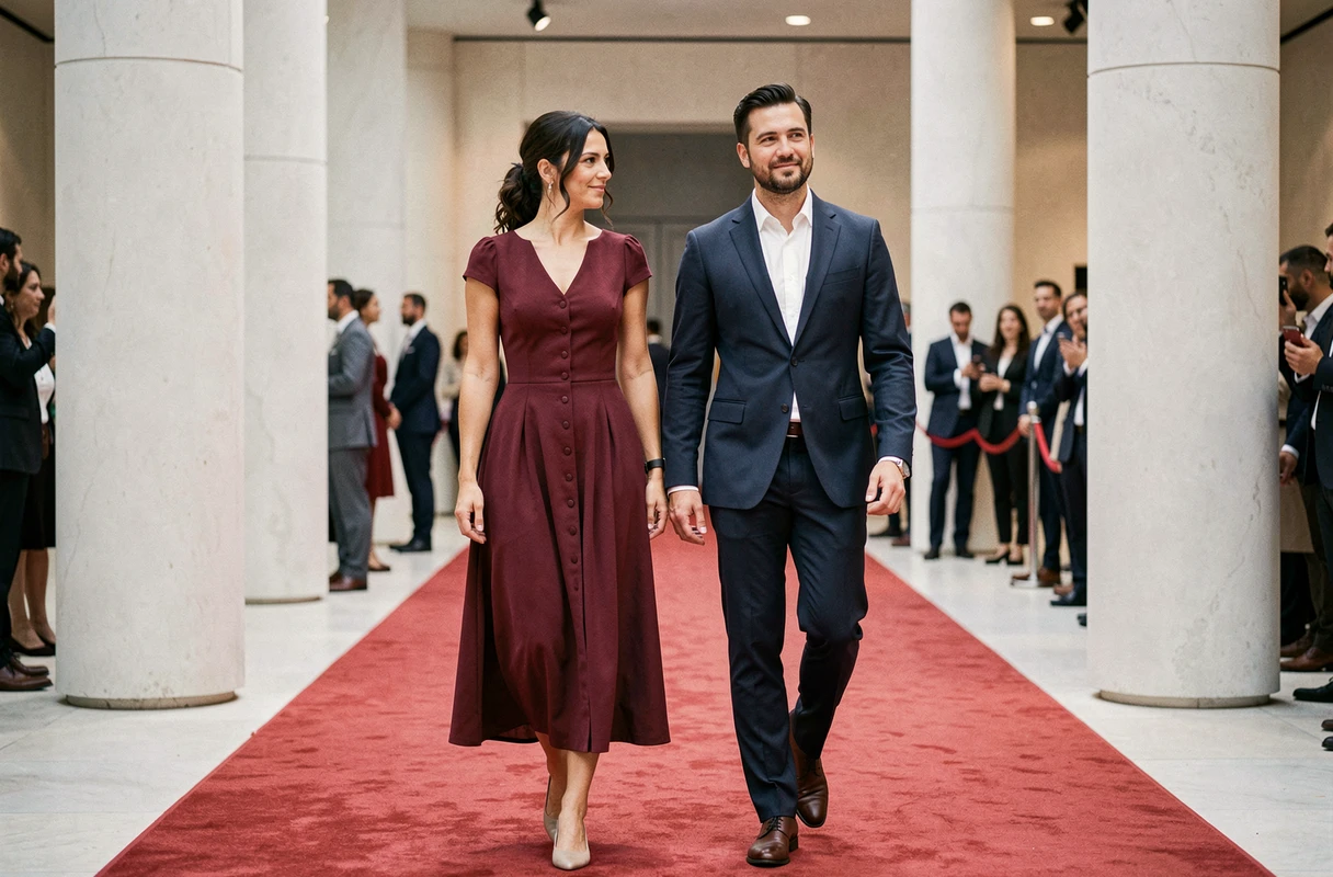 Couple sous les projecteurs sur un tapis rouge parisien, événement culturel 2026