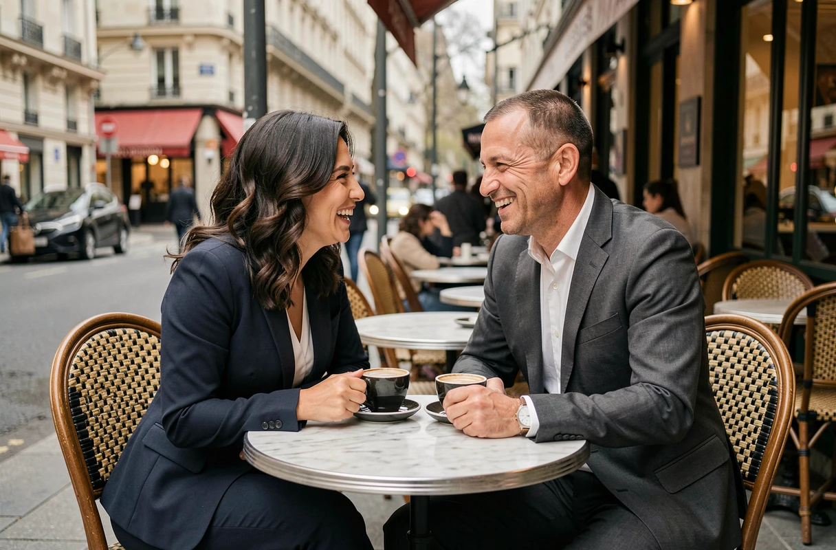 Couple élégant riant ensemble en terrasse de café parisien, ambiance éditoriale 2026