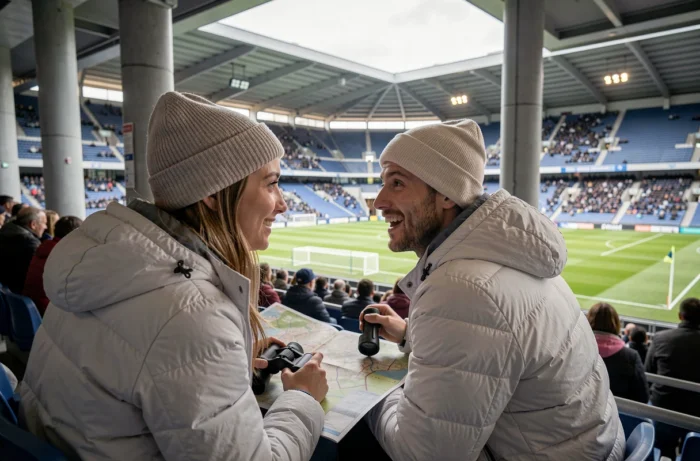 Couple en tribune latérale mi-hauteur consultant un plan de placement au Groupama Stadium