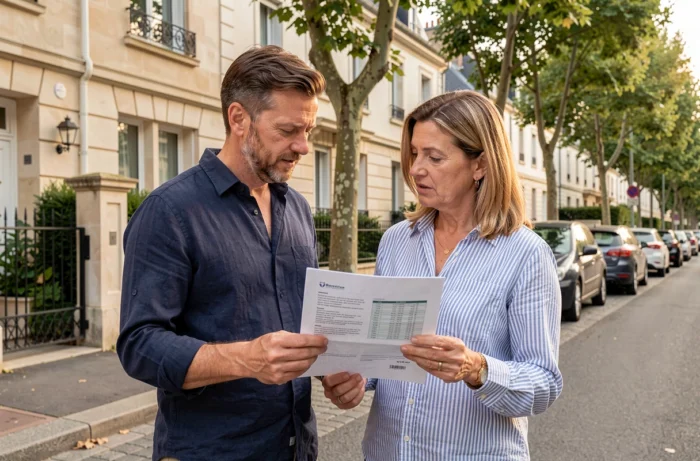 Couple examinant une annonce immobilière devant une maison en banlieue française
