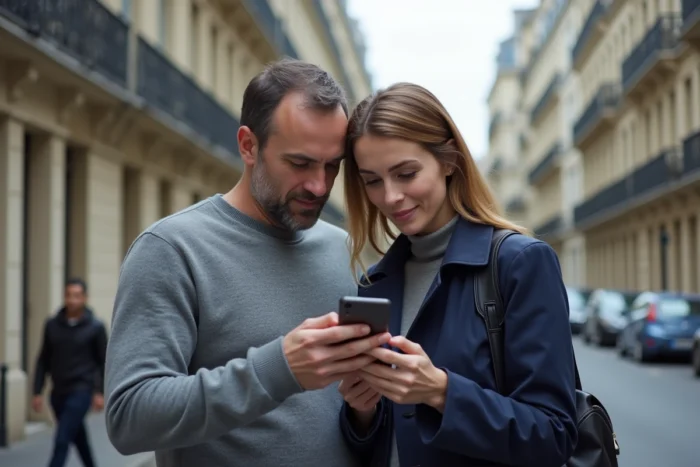 Couple vérifiant l'adresse d'un appartement en zone tendue sur smartphone devant un immeuble parisien