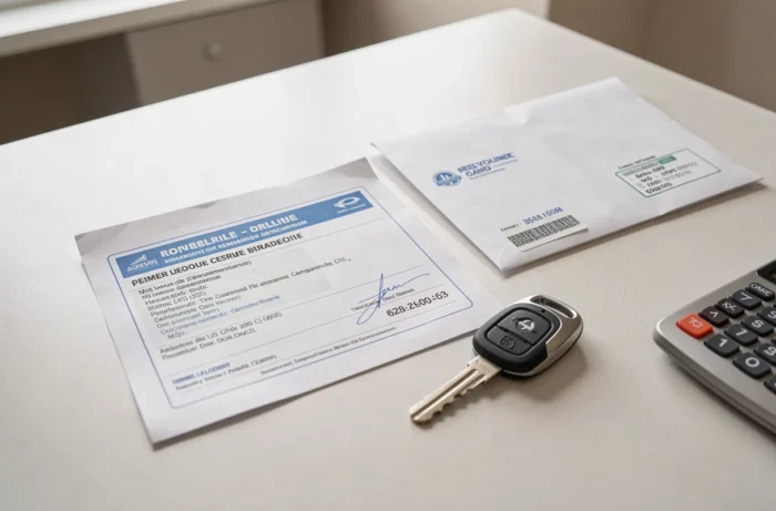 Gros plan d'une carte grise française posée sur un bureau avec une clé de voiture, une calculatrice et une enveloppe illustrant les coûts du changement de propriétaire