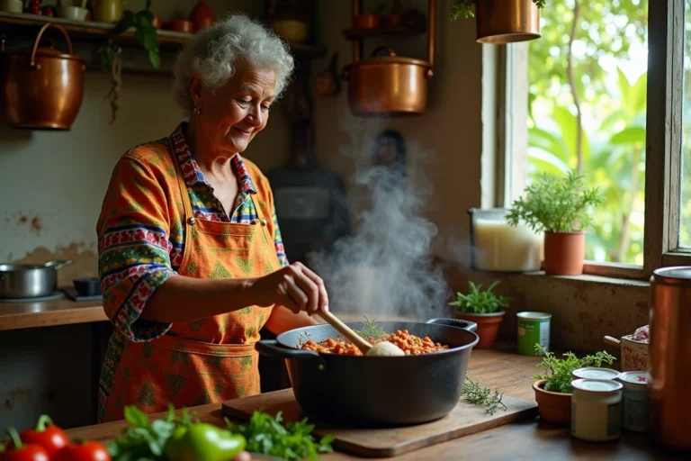 Femme créole préparant un colombo traditionnel dans une cuisine antillaise authentique