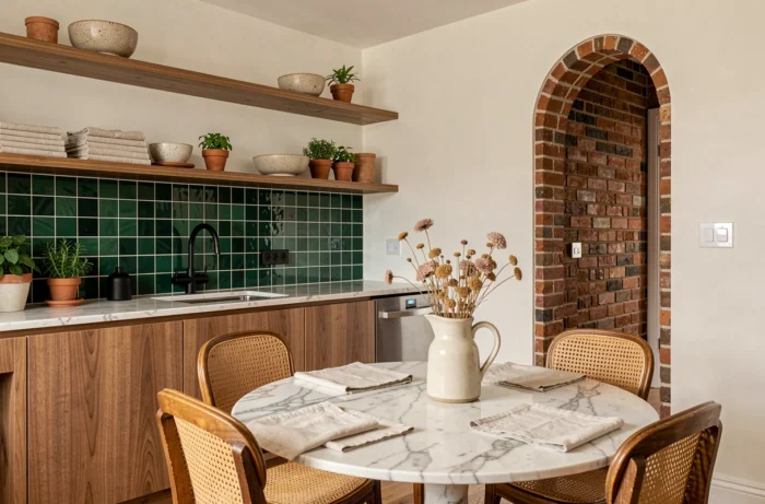 Cuisine ouverte tendance avec crédence en zellige vert forêt, étagères en noyer, table ronde en marbre et chaises cannées pour une décoration maison inspirante
