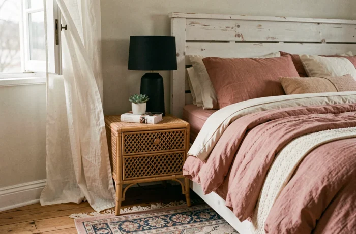 Coin chambre cosy décoré avec une literie en lin rose poudré, une table de chevet en rotin et des accessoires naturels pour un intérieur tendance