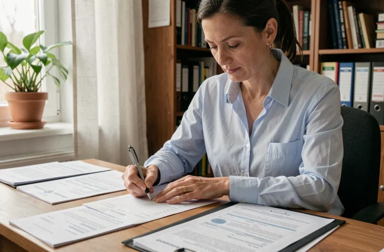 Femme remplissant un dossier de demande de permis à son bureau à domicile, entourée de documents administratifs officiels