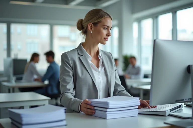 Femme professionnelle numérisant des documents papier dans un bureau moderne pour la dématérialisation des archives