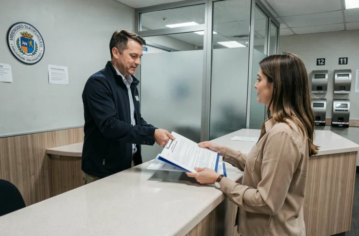 Homme déposant un dossier de demande de permis au guichet d'une administration municipale