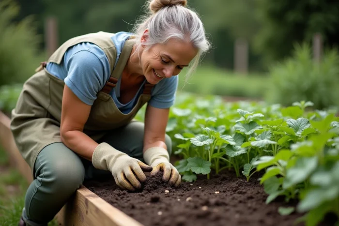 Femme jardinière qui arrache manuellement du pourpier dans un potager avec des gants de jardinage