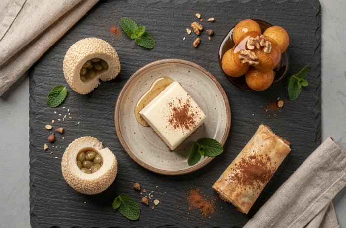 Vue de dessus de desserts de rue internationaux sur ardoise : bánh cam, tres leches, loukoumades et pastilla marocaine