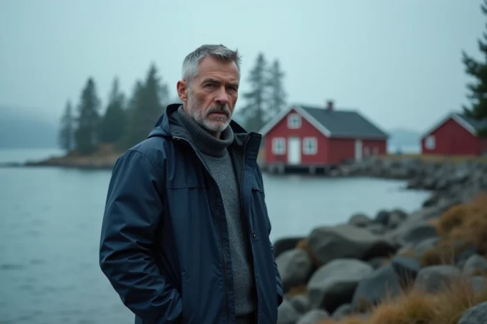 Détective suédois pensif au bord d'une côte rocheuse de l'archipel de Sandhamn lors d'une enquête criminelle