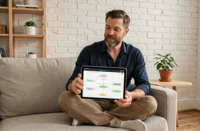Un développeur web consulte un schéma de sitemap sur une tablette dans un bureau à domicile, illustrant la structure de navigation d'un site internet