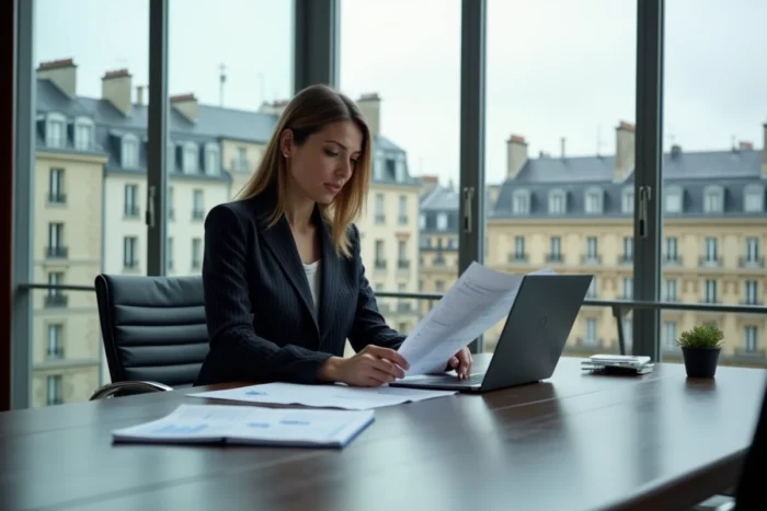 Femme dirigeante en blazer raffiné dans un bureau parisien examinant des documents de rachat d'entreprise de mode