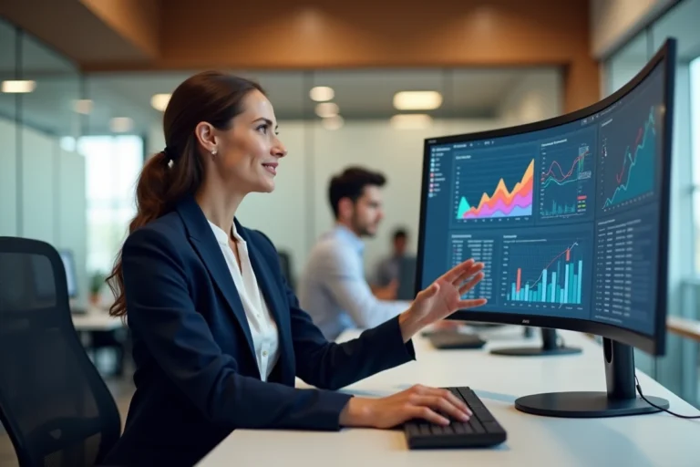Femme dirigeante analysant des tableaux de bord numériques sur grand écran dans un bureau moderne pour booster la croissance de son entreprise