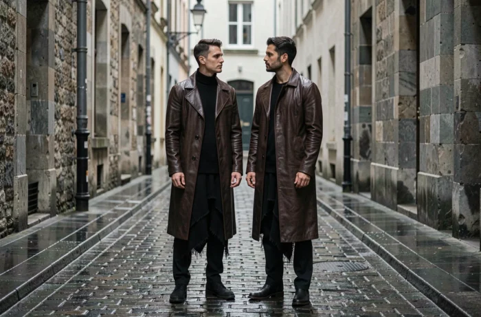 Deux mannequins masculins portant des manteaux en cuir et des pièces en maille déconstruites de style Carol Christian Poell dans une ruelle en pavés mouillés