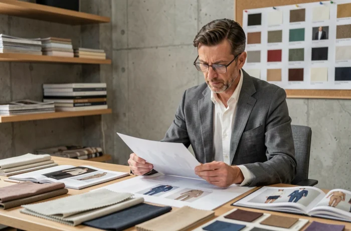 Éditeur de mode masculin analysant des planches tendances et échantillons textiles dans un studio éditorial moderne