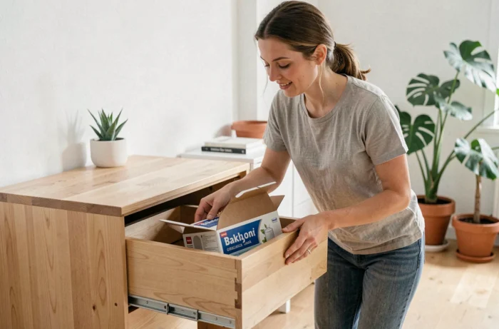 Femme plaçant du bicarbonate de soude dans un meuble Ikea neuf pour éliminer les mauvaises odeurs