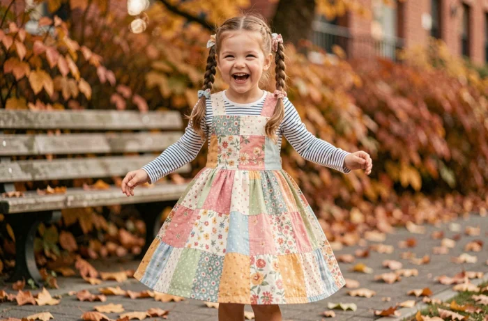 Petite fille habillée de manière originale et créative avec une robe en patchwork floral sur une chemise rayée, dans un parc en automne