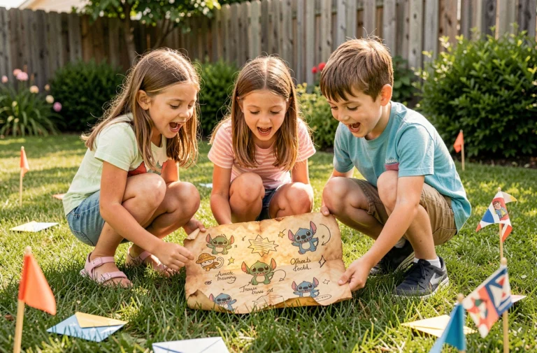 Trois enfants découvrent une carte au trésor thème Stitch dans un jardin lors d'une chasse au trésor