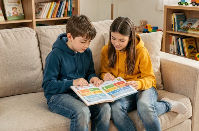 Deux enfants assis sur un canapé consultant ensemble un planning hebdomadaire illustrant les semaines paires et impaires de garde alternée