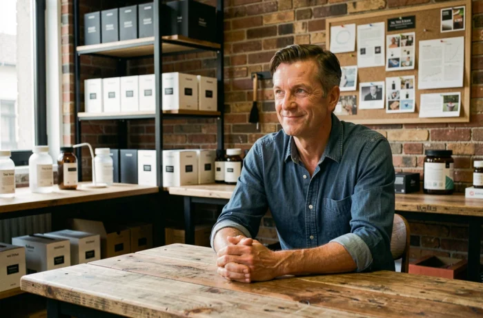 Entrepreneur français d'expérience dans son atelier de Lyon, entouré de ses créations et symboles de sa réussite artisanale