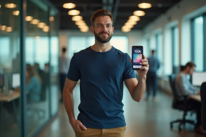 Homme entrepreneur tenant un smartphone affichant un compte Instagram à 100 000 abonnés dans un espace de coworking moderne