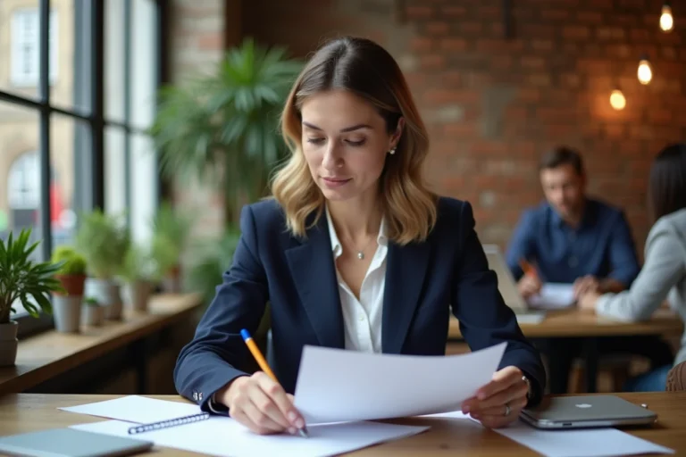 Femme entrepreneur en blazer marine travaillant dans un espace de coworking moderne à Rennes