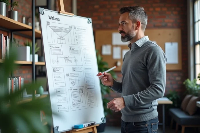 Entrepreneur debout devant un tableau blanc couvert de schémas de stratégie digitale dans un bureau créatif au style industriel