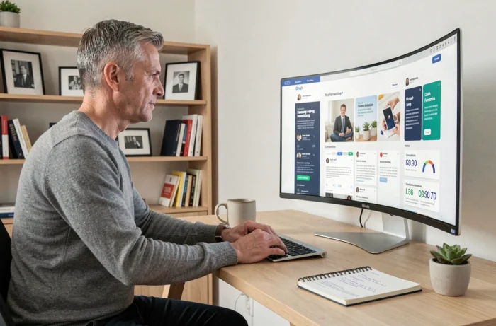 Entrepreneur concentré sur une stratégie de marketing digital depuis son bureau à domicile moderne