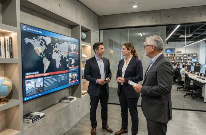 Équipe d'analystes internationaux discutant devant une carte du monde numérique interactive dans un centre de réflexion géopolitique