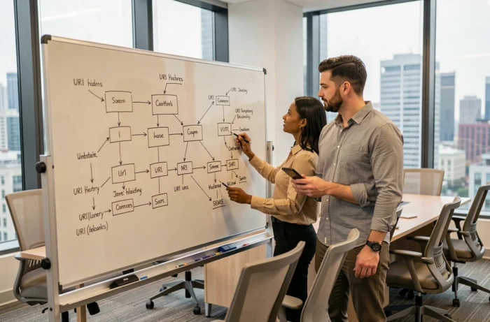 Une équipe de professionnels du web collabore autour d'un tableau blanc avec un schéma de sitemap, pour optimiser la structure et la navigation d'un site