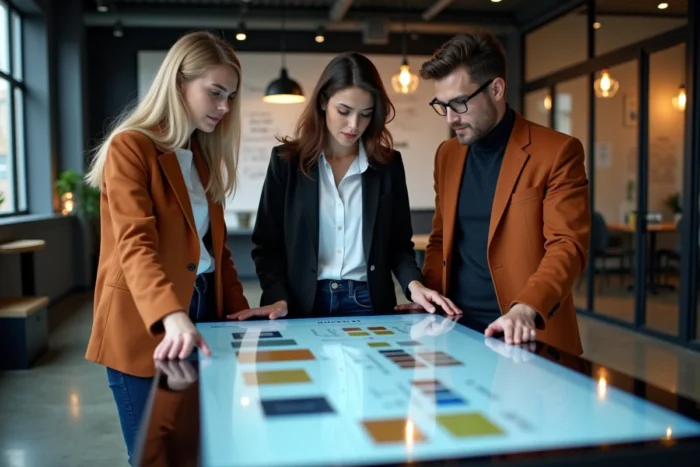 Équipe de professionnels du digital collaborant sur un projet de refonte web autour d'une table tactile