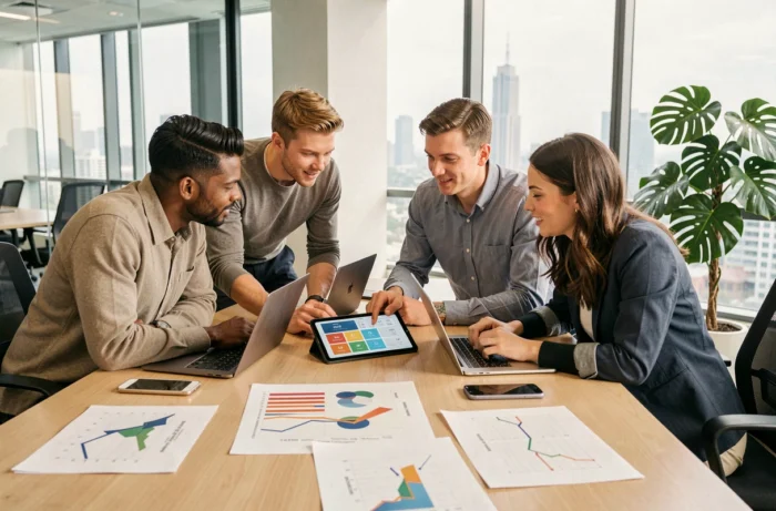 Équipe marketing diversifiée en réunion autour d'un tableau de données analytiques pour élaborer des stratégies de croissance
