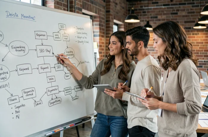 Équipe marketing collaborant autour d'un tableau blanc pour élaborer une stratégie de référencement SEO en agence