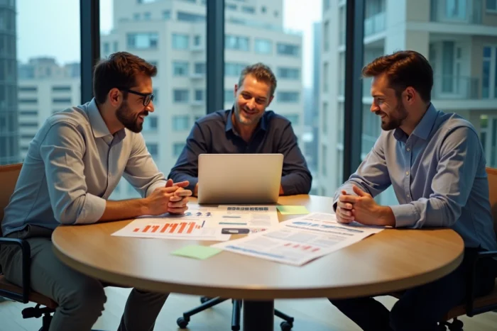 Équipe de professionnels en réunion stratégique autour de rapports d'analyse digitale dans un espace de co-working contemporain