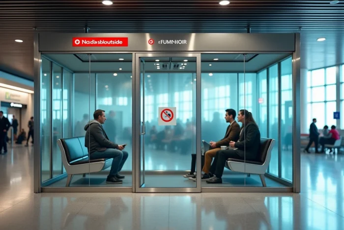 Espace fumoir vitré signalisé à l'intérieur d'un terminal d'aéroport avec des voyageurs adultes visibles à travers les parois transparentes