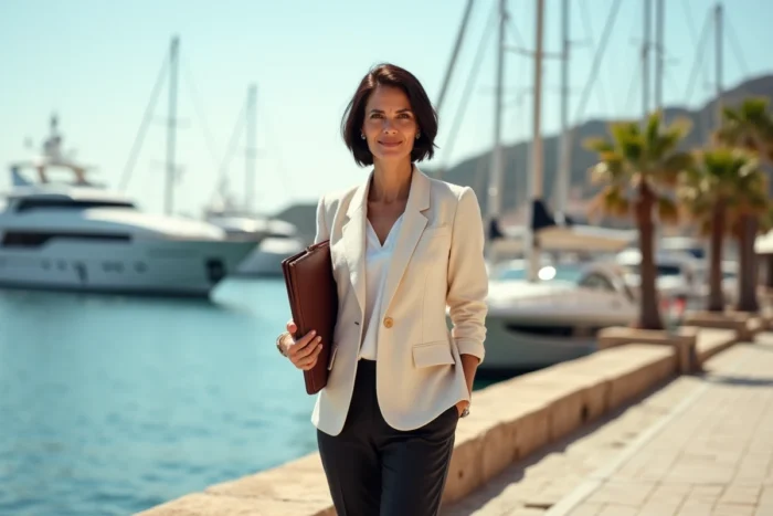 Femme d'affaires expatriée devant un port méditerranéen symbolisant les pays à fiscalité avantageuse