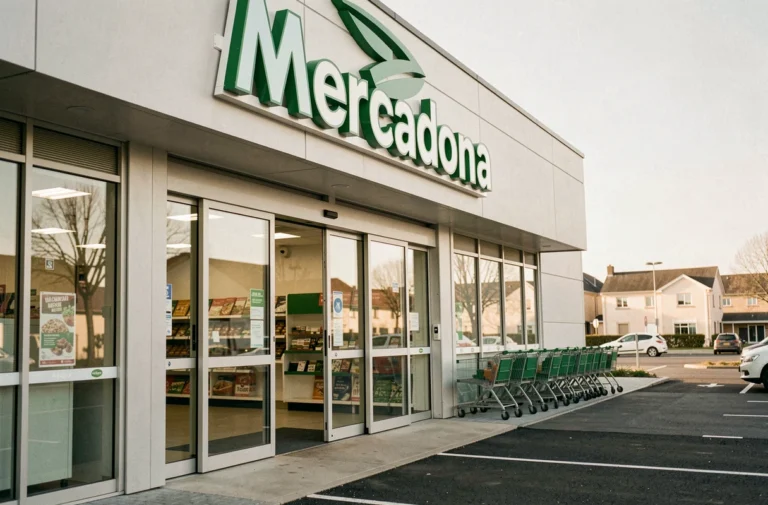 Façade extérieure d'un magasin Mercadona en France avec enseigne verte et blanche et entrée automatique