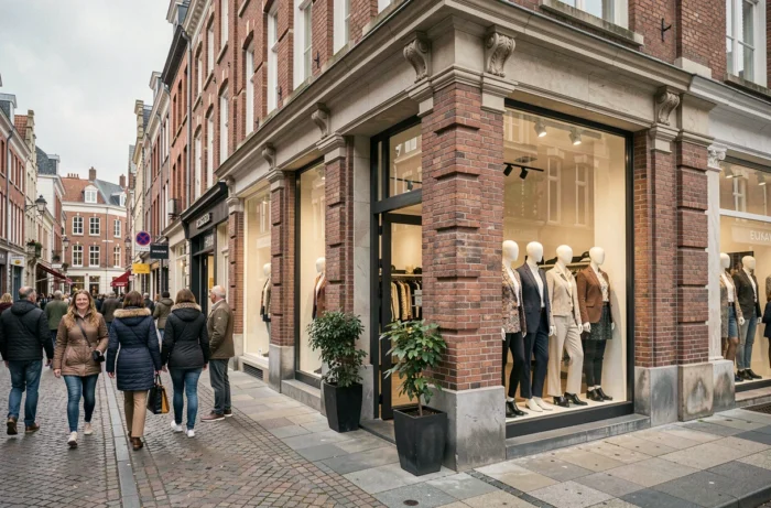 Devanture d'un magasin de mode tendance en Belgique avec des passants sur une rue commerçante du centre-ville